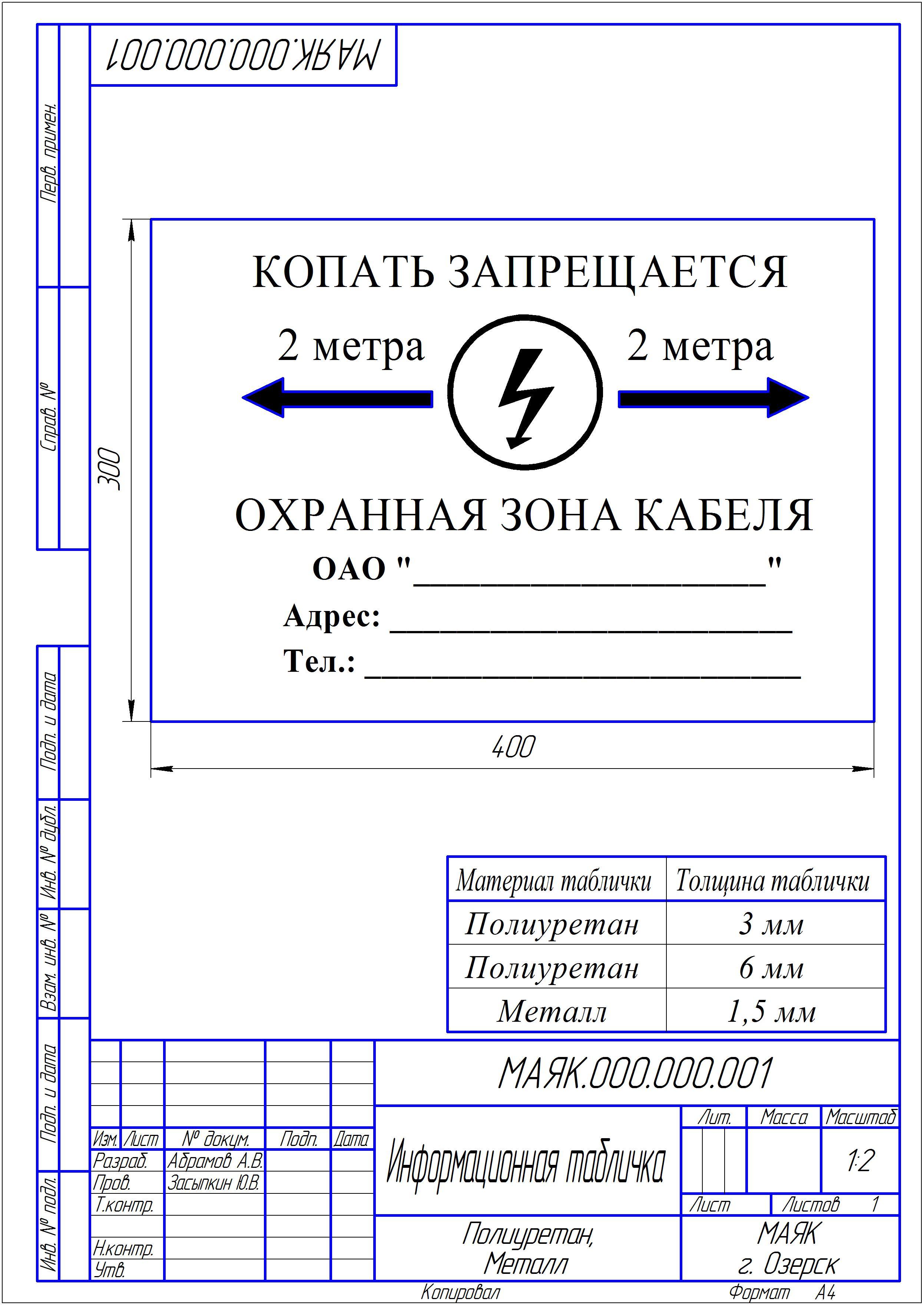  табличка кабель не копать 