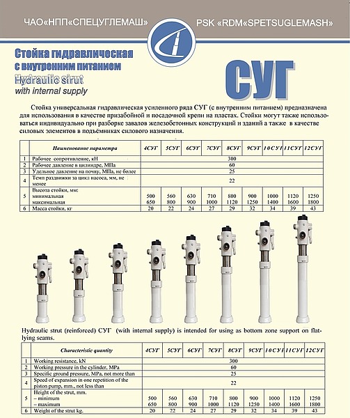 стойка гидравлическая с внутренней системой питания типа СУГ